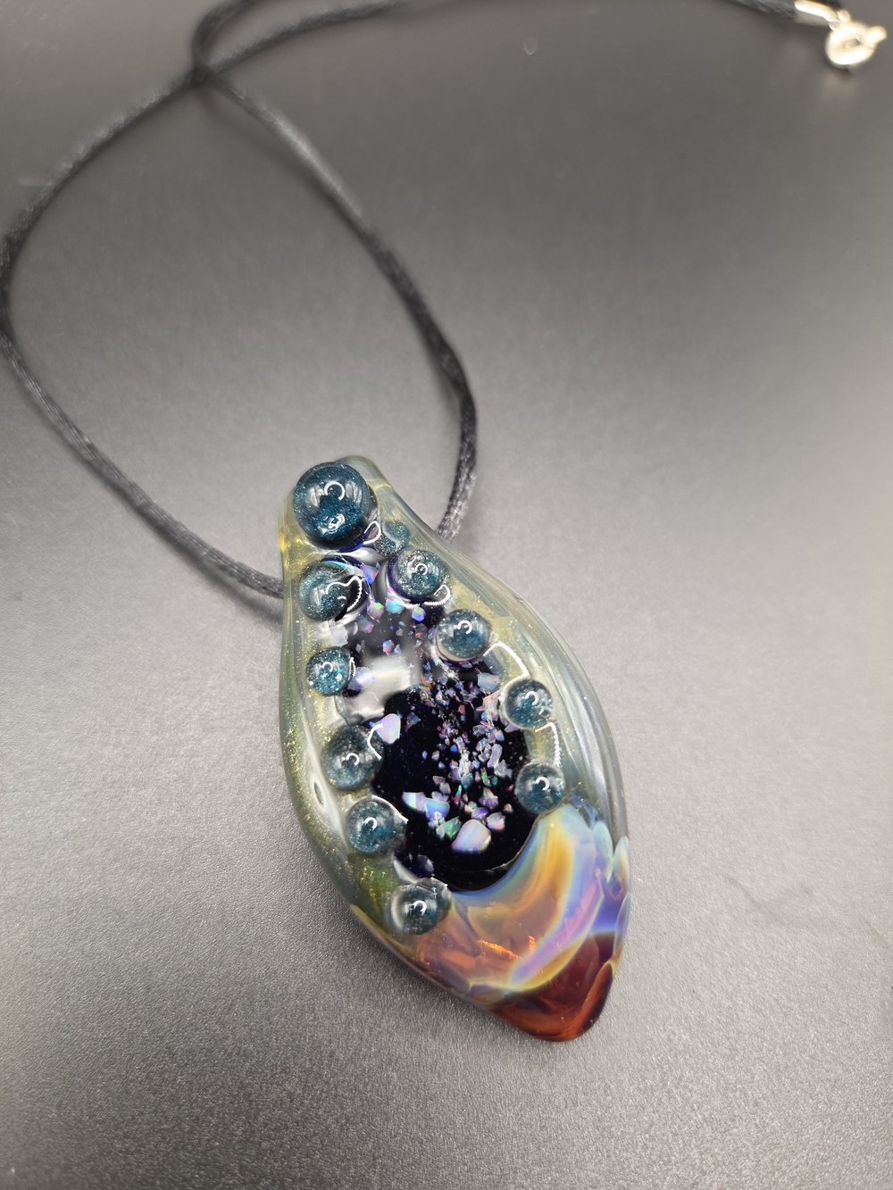 Handblown Glass Pendant Necklace in Teal and Iridescent Multicolor